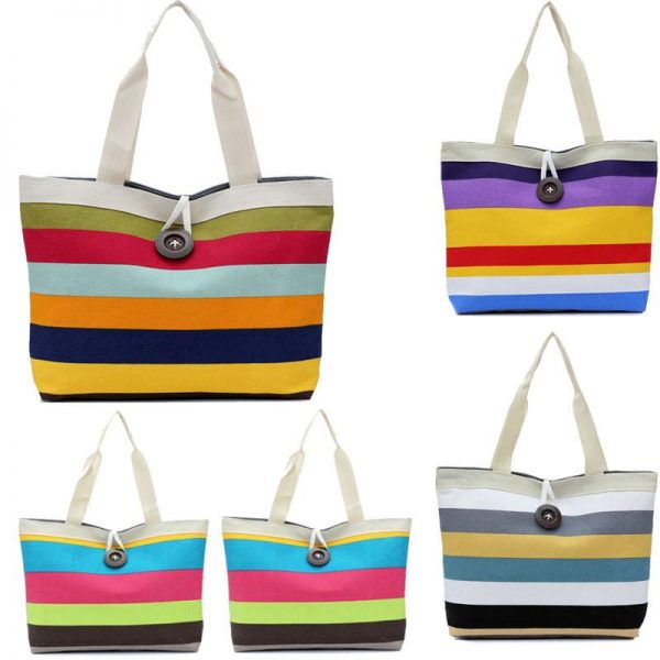 Lady Colored stripes Shopping Handbag Shoulder Canvas Bag Tote Purse